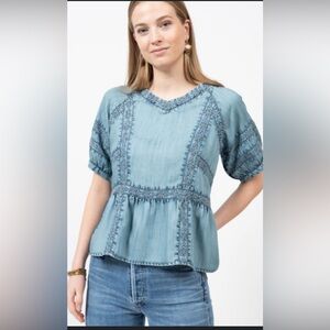 NWT Blue Velvet Embroidered Light Denim Top Blouse Boho , XL